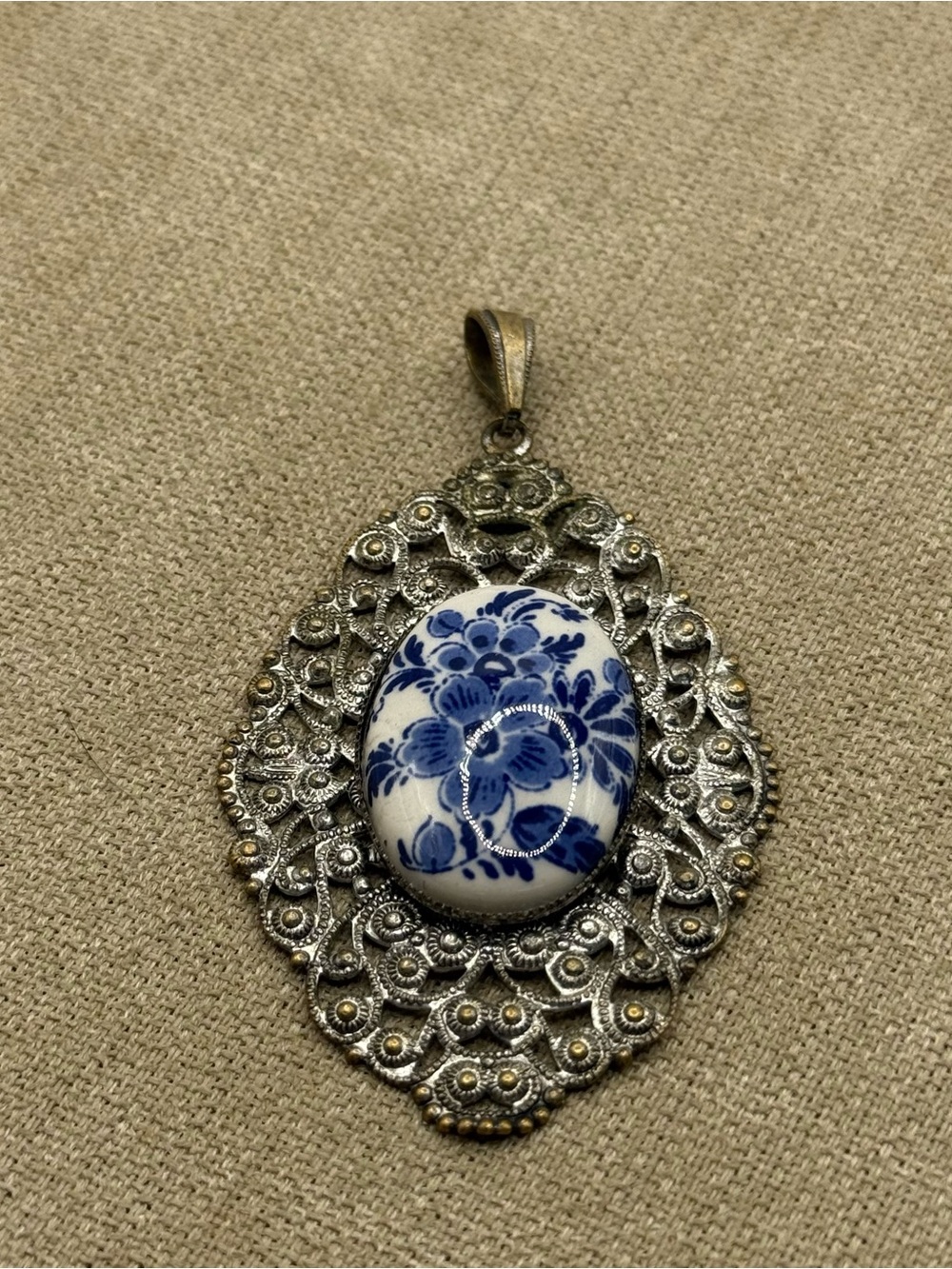 Vintage Blue & White Floral Ceramic Pendant Necklace